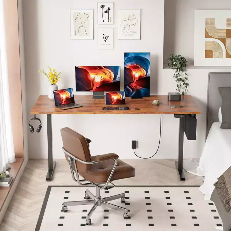 Brown 63 Inch Electric Standing Desk Height Adjustable Computer Table Sit Stand Gaming Desk Home Office Workstation with Memory Presets Storage Bag