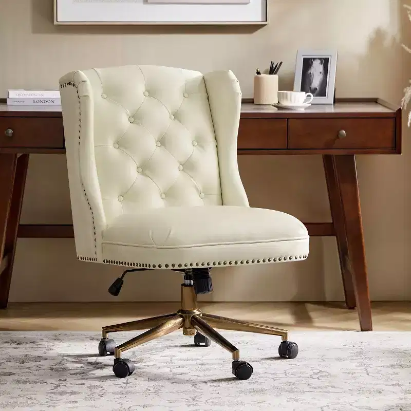 Hazel Traditional Faux Leather Wingback Office Chair — Tufted, Bronze Nailhead, Camel