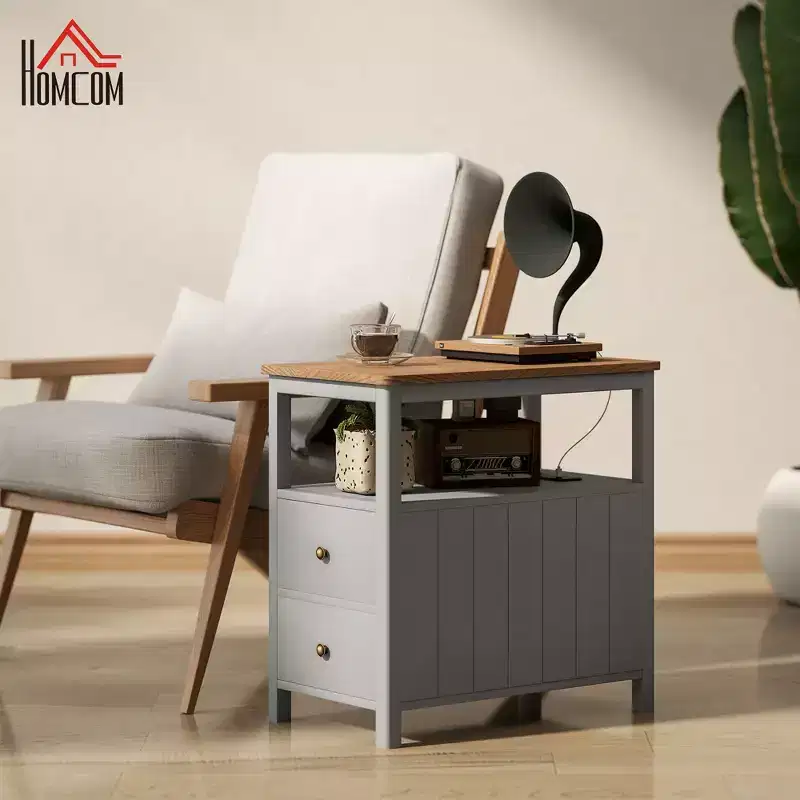 Side Table with Charging Station and USB Ports, Narrow End Table with Drawers, Shelf for Living Room