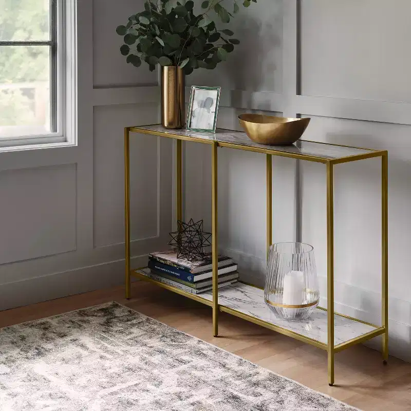Faux Marble and Metal Console Table Gold - Threshold™: Sleek Two-Tiered, Rectangular Design, 30 High