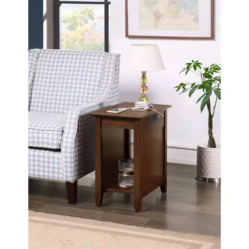 Rectangle Wood End Table with Built-In Charging Station, 2 Outlets & 2 USB Ports, Black