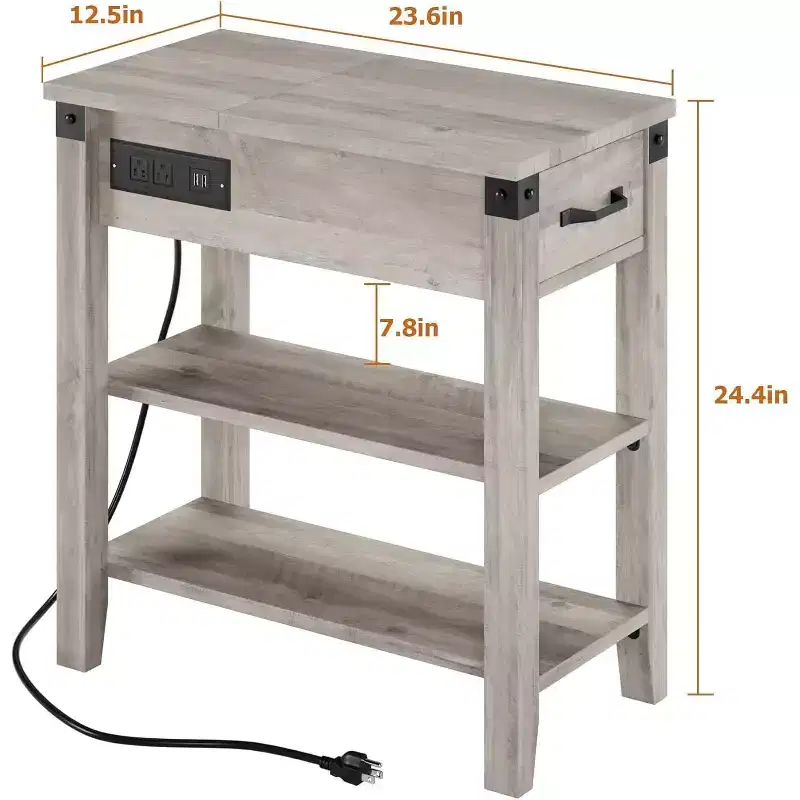 Narrow Flip Top Side Table with USB Ports & Outlets, Drawer and Storage Shelves for Bedroom Living Room
