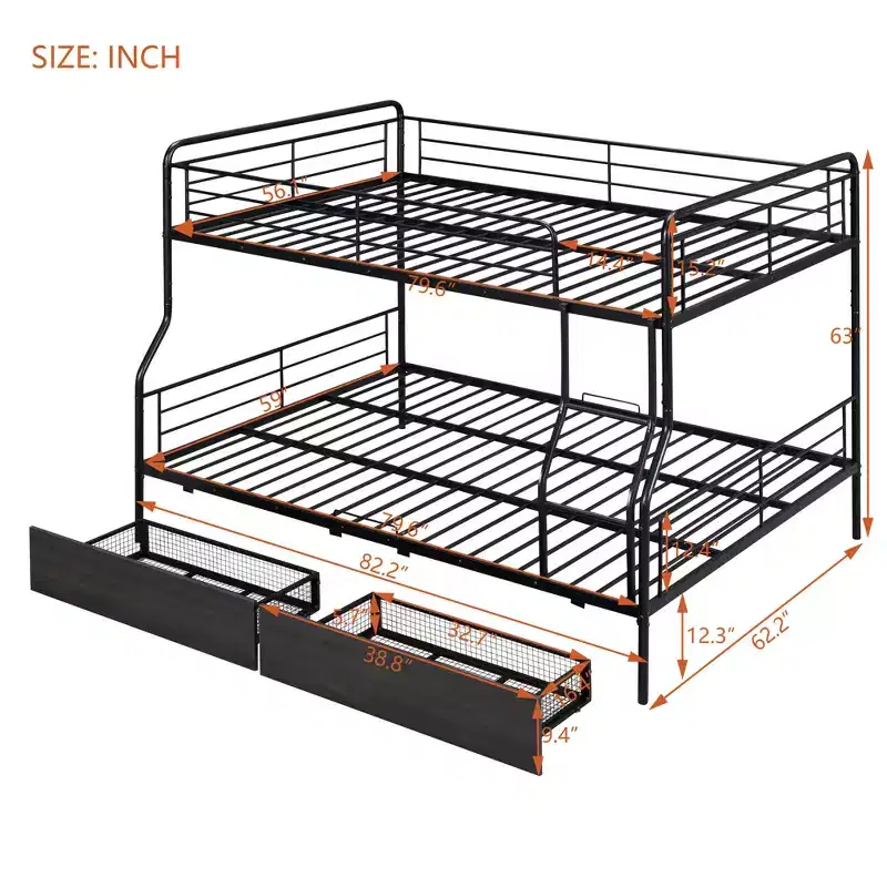 Full XL over Queen Metal Bunk Beds with 2 Drawers, Heavy Duty Bunk Bed Frame for Kids Teens Adults