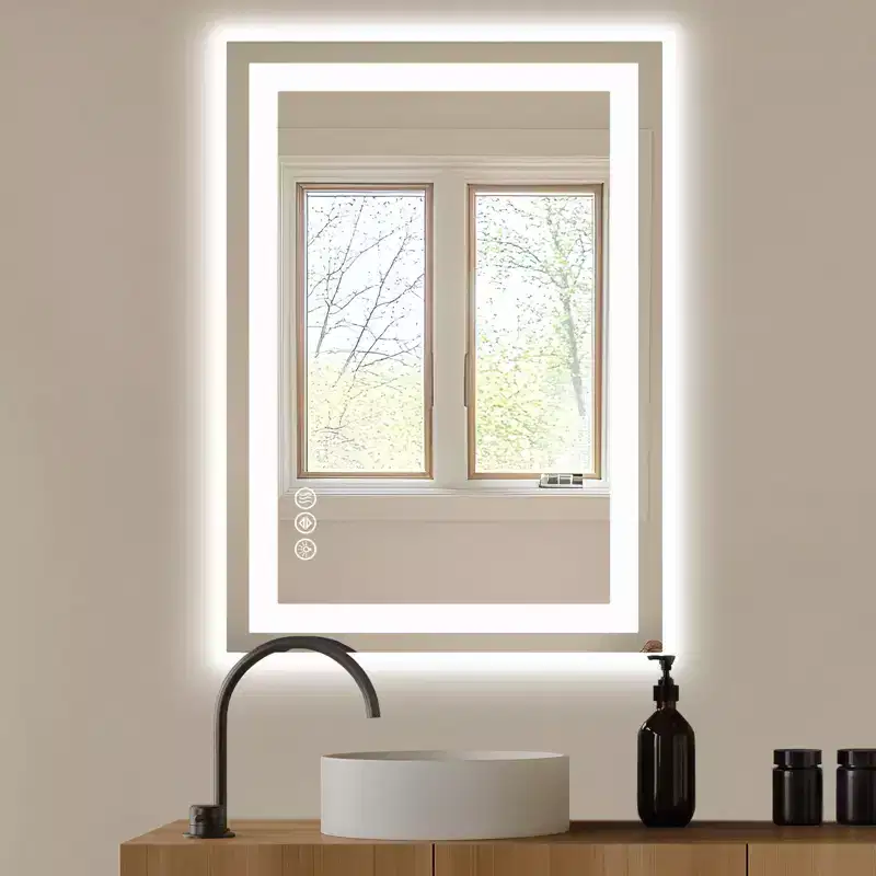 24x32 Inch Lighted Bathroom Mirror, Aluminum Frame Vanity Mirror with 3 Lighting Colors, White