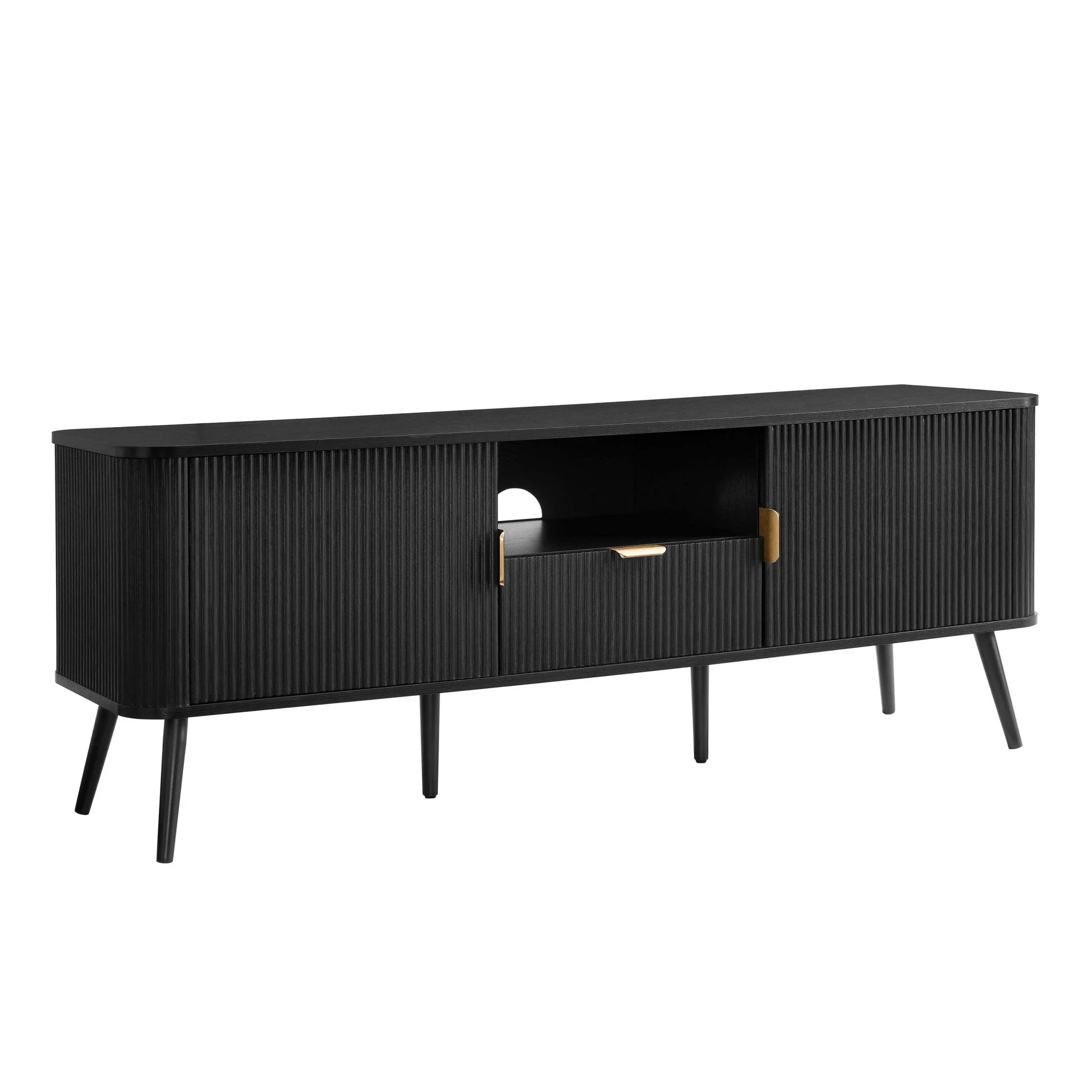 Contemporary Black Wood Effect TV Unit with Panelled Design for TVs up to 65 Inch for Living Room
