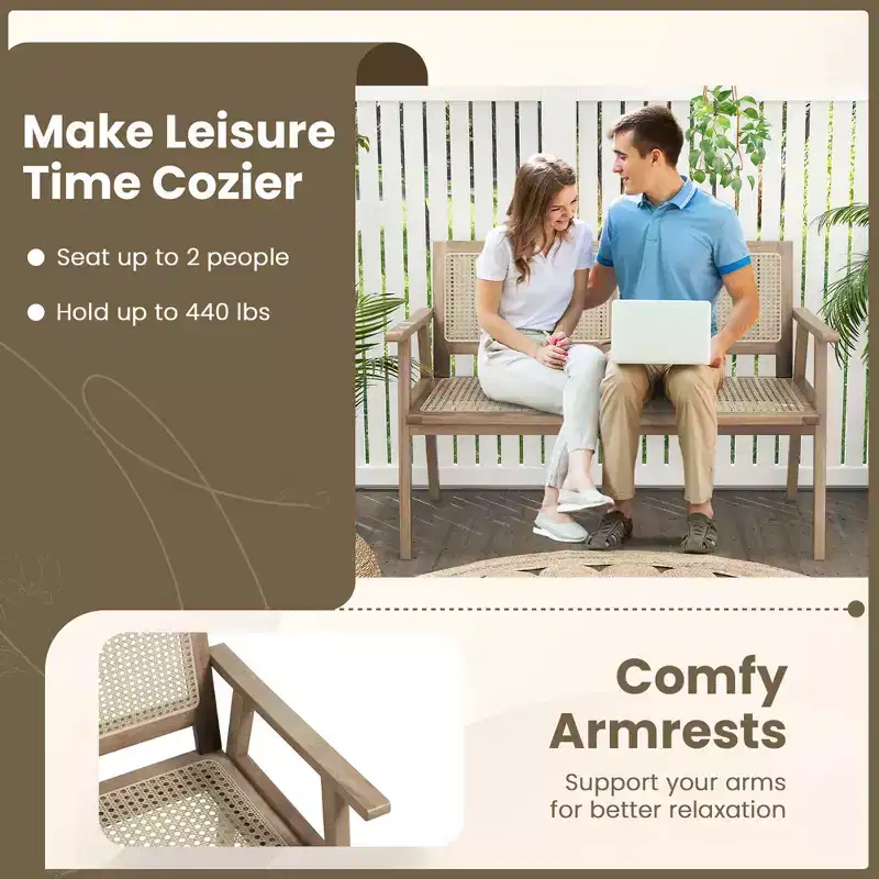 Costway Indonesia Teak Wood Garden Bench 2-Person Bench with Armrests Natural Rattan Backrest & Seat