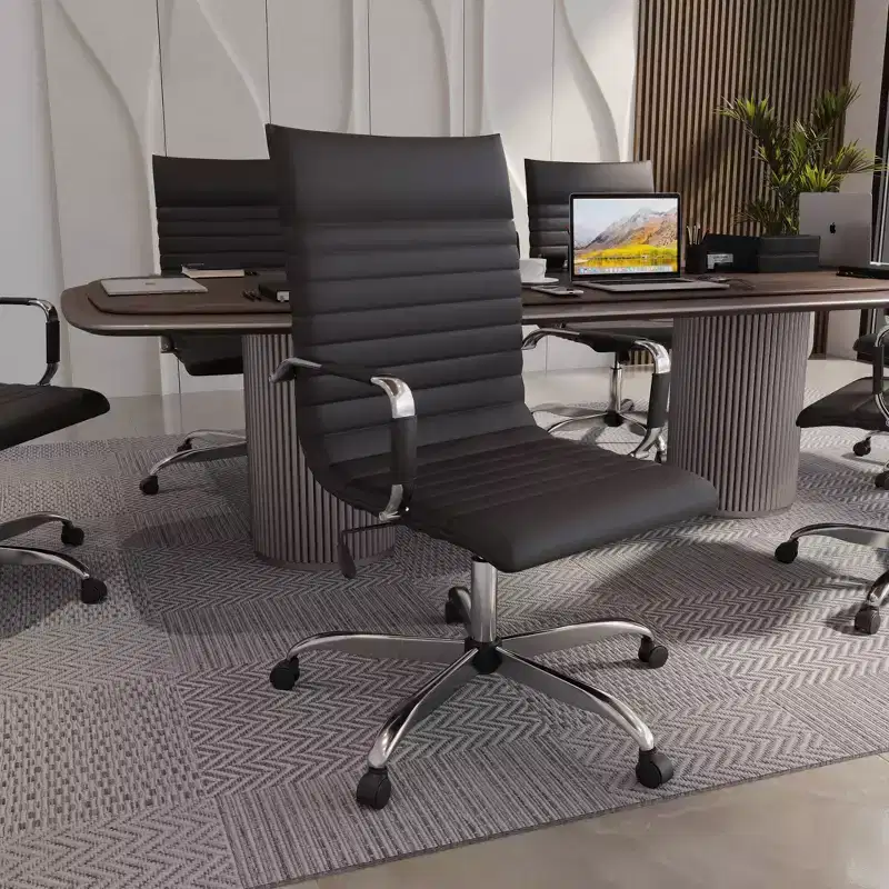 LeisureMod Harris Office Arm Chair - Ribbed Leather with Chrome Metal Frame - Modern Swivel & Tilt Desk Chair