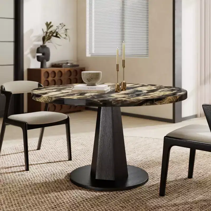 Roundhill Furniture Cavira Modern Faux Marble Dining Table with Wood Pedestal Base