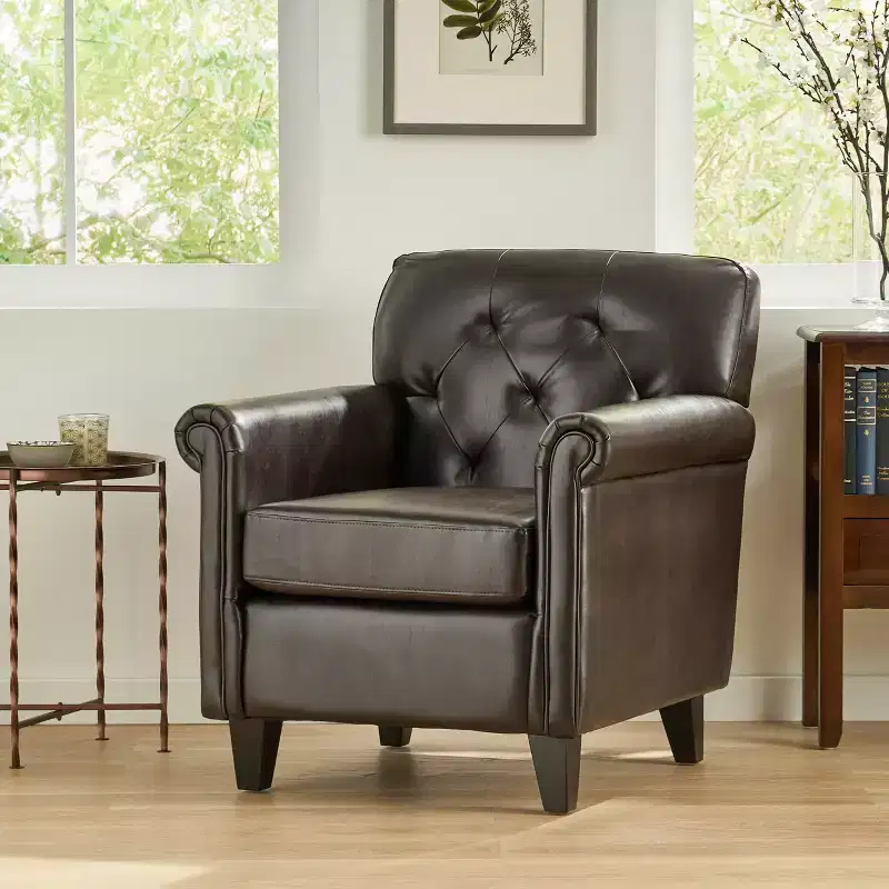 Contemporary Bonded Leather Tufted Club Chair with Rolled Arms