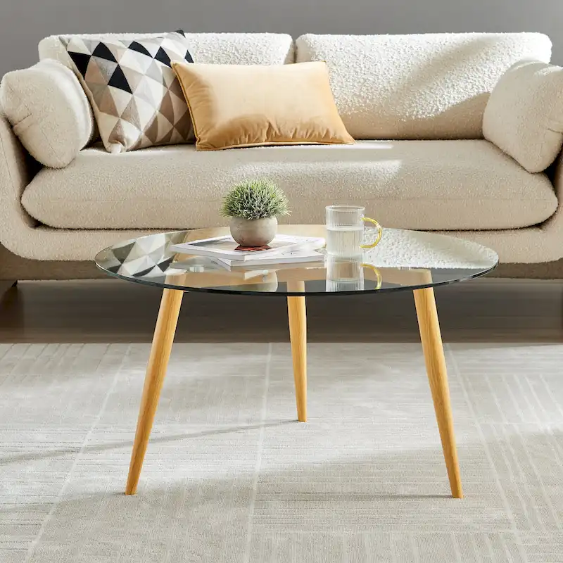 Glass Top Coffee Table with Tapered Wood Legs, Mid-Century Modern Living Room Accent Table