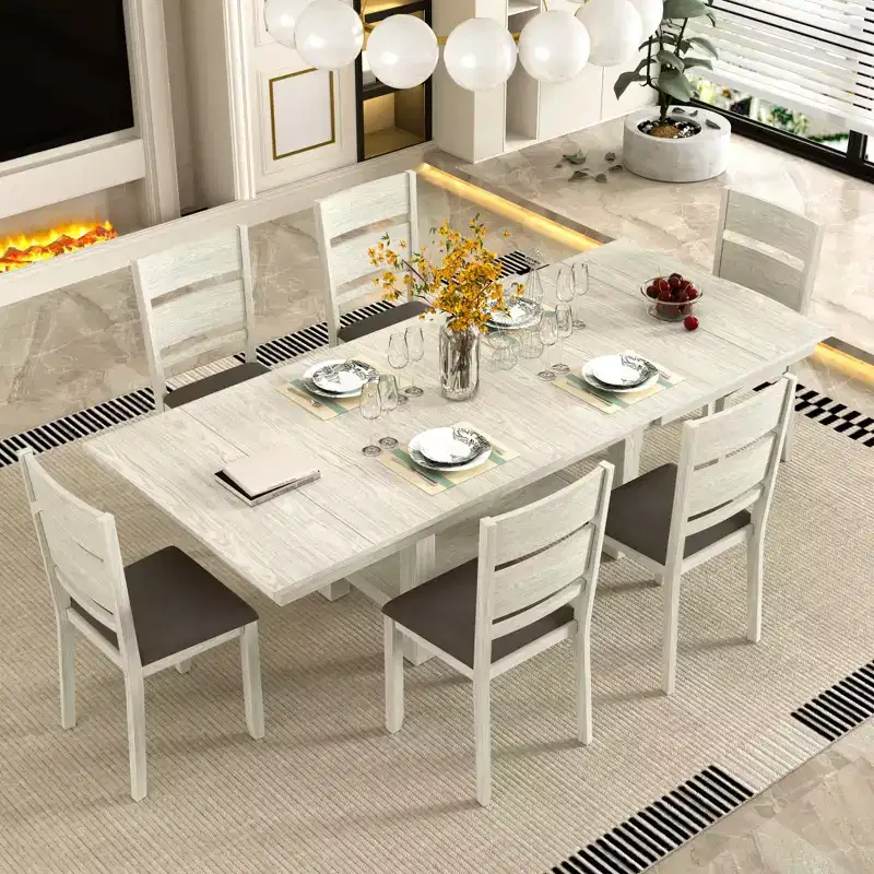 Rustic 7-Piece Extendable Dining Table Set for 6, Rubber Wood Table and 6 Armless Upholstered Dining Chairs, Gray