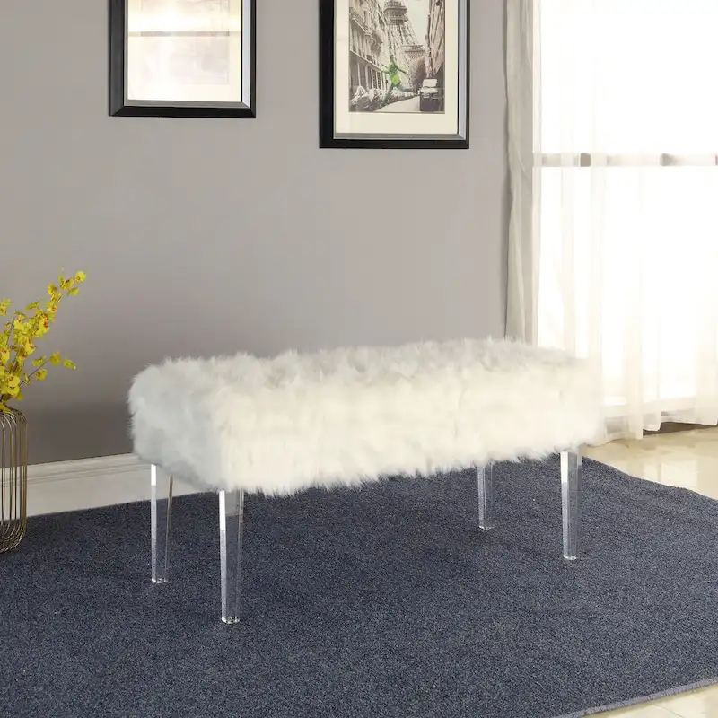 HomeRoots 42 Gray and Clear Upholstered Faux Fur Bench with Flip top