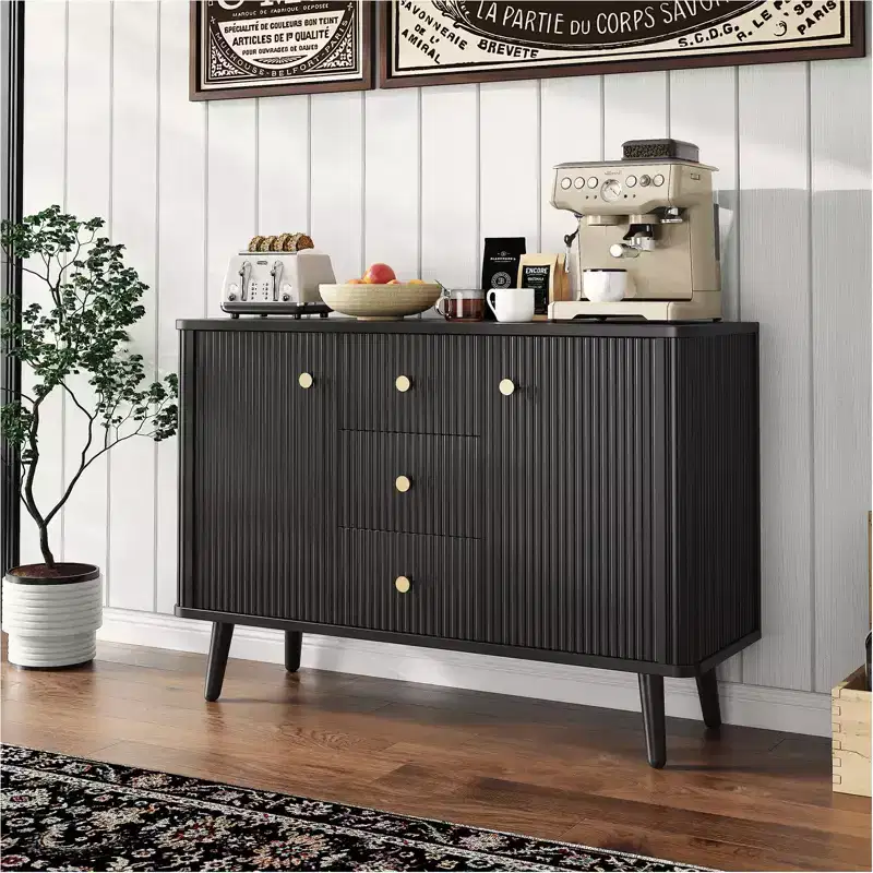 47.2 W Fluted Buffet Storage Cabinet, 3 Drawers 2 Doors & 2 Adjustable Shelves, Modern Mid Century TV Stand for Living Room