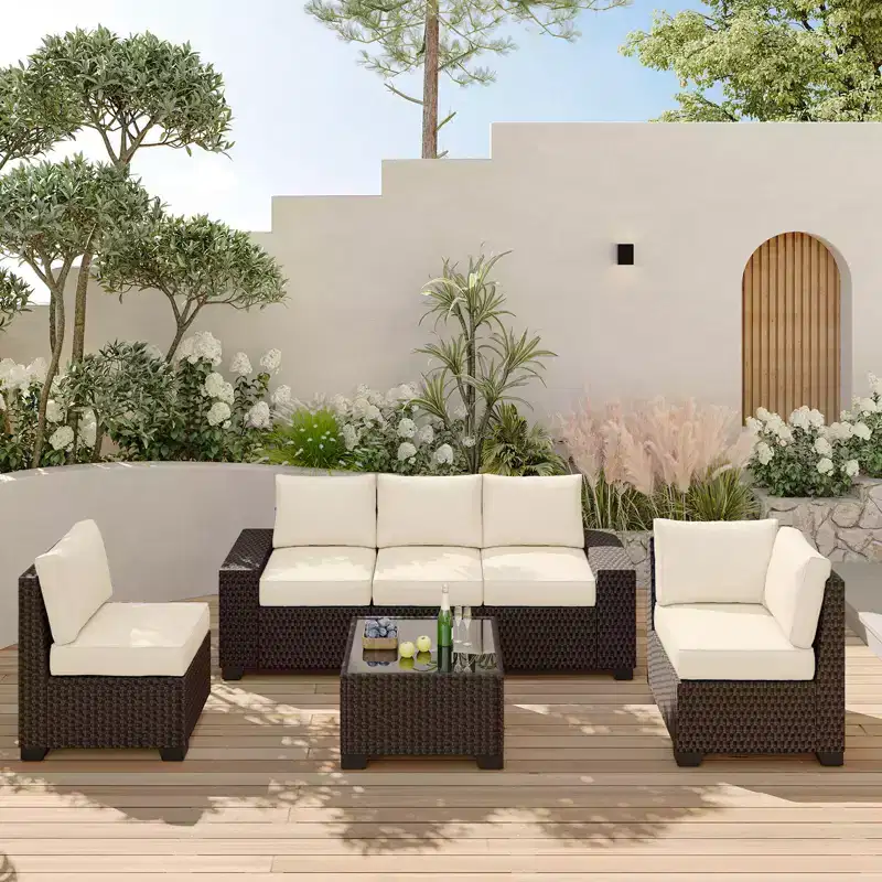 Acekool 6 Piece Patio Furniture Set, Brown Wicker Outdoor Sectional Sofa Couch with Cushions, All-Weather Rattan Conversation Set & Coffee Table