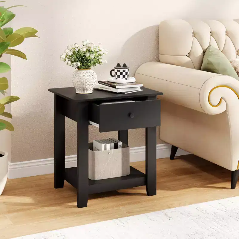 Costway 1/2 PCS Nightstand with Drawer 3-Tier Modern Bedside Table with Open Shelf Storage for Bedroom White/Black