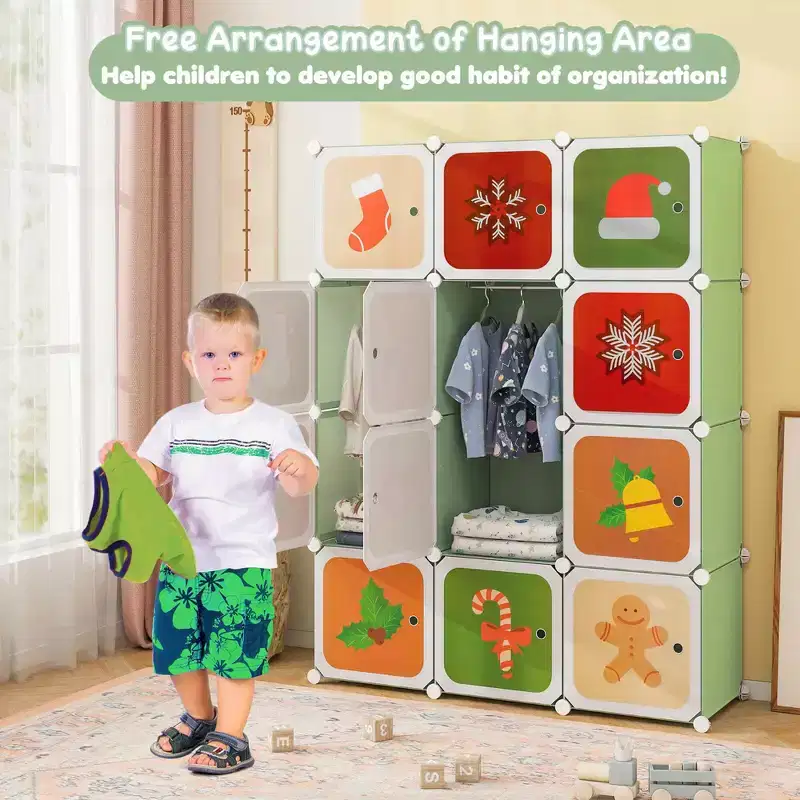 12-Cube Kids Wardrobe Baby Dresser Bedroom Armoire Clothes Hanging Closet with Doors Pink/Green