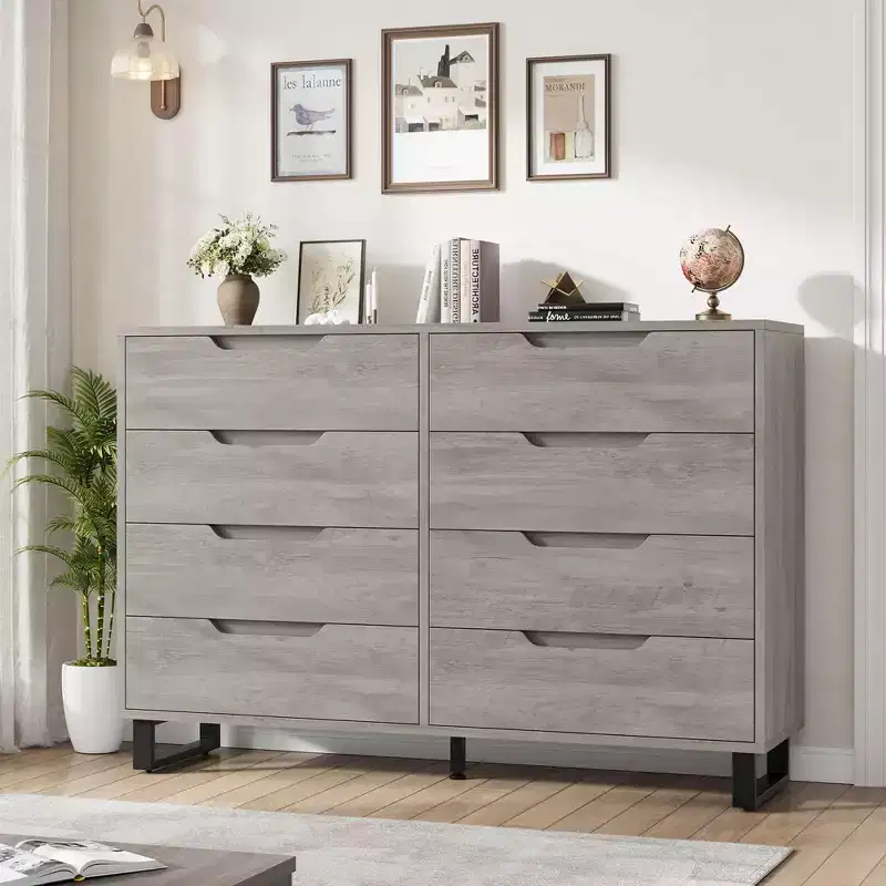 55 Wide 8 Drawer Dresser  Freestanding Horizontal Storage Chest in Black for Bedroom, Living Room, Hallway & Entryway