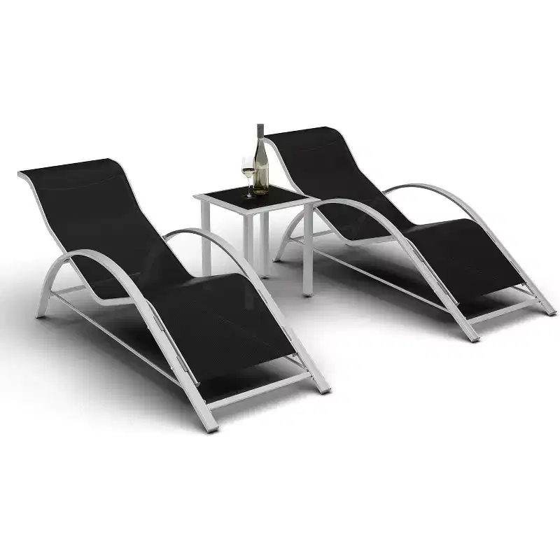 3Pcs Outdoor Patio Chaise Lounge Chair, Beach Sunbathing Lawn Lounger Recliner Chair with Arm & Side Table for Poolside, Deck, Balcony, Backyard