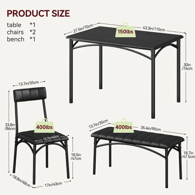 4 Piece Kitchen Table Set with 2 Upholstered Chairs, 1 Bench, 1 Dining Table