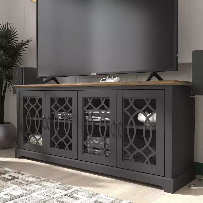 TV Stand with Cutout Doors and Adjustable Shelves 68.2 W x 17.2 D x 29.3 H