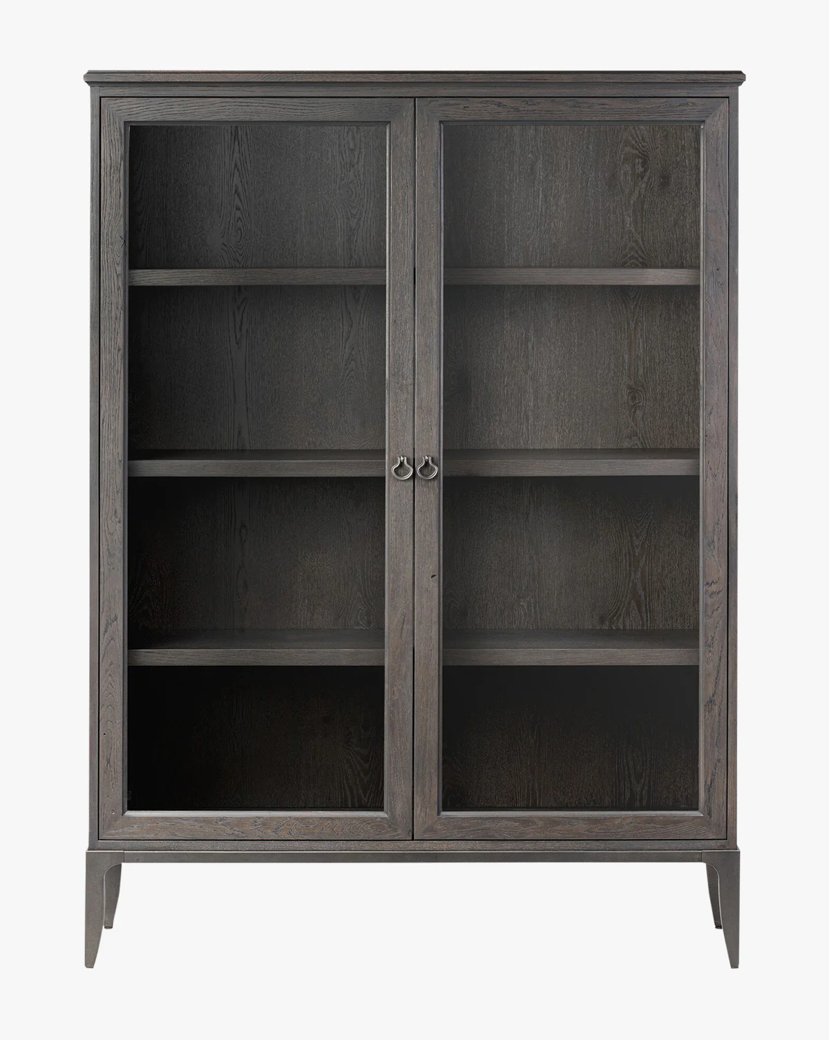 Industrial Worn Black Oak Cabinet with Glass Doors & Ring-Pull Hardware for Living Room