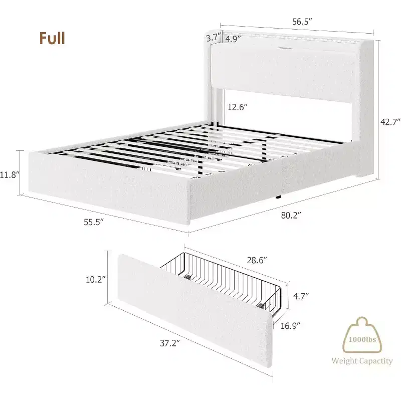 Full Size Boucle Bed Frame with Storage Headboard, Charging Station and LED Lights, No Box Spring Needed, 4 Storage Drawers