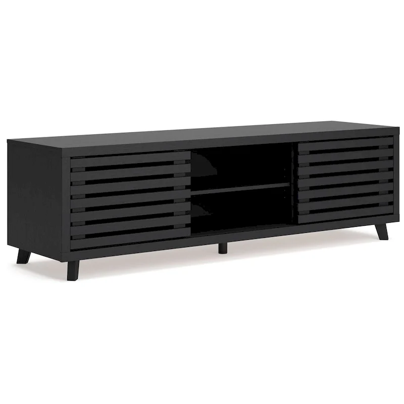 72-Inch Black TV Media Console | 4 Adjustable Shelves | 2 Sliding Doors | Matte Wood Grain Finish | MDF