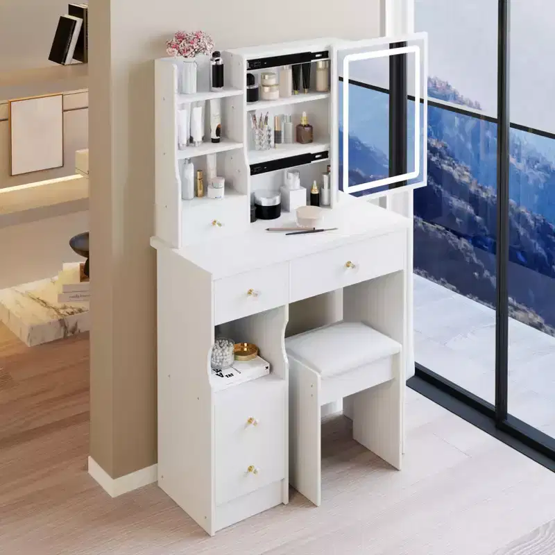 Makeup Vanity Desk with Mirror and LED Lights, Vanity Table Set with 6 Drawers & Open Shelves & Cushion Stool