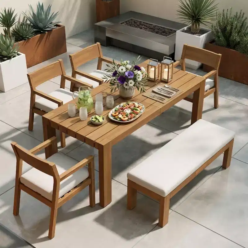 Polibi 6-Seat Acacia Patio Dining Set with Umbrella-Hole Table, Cushioned Bench & 4 Armchairs