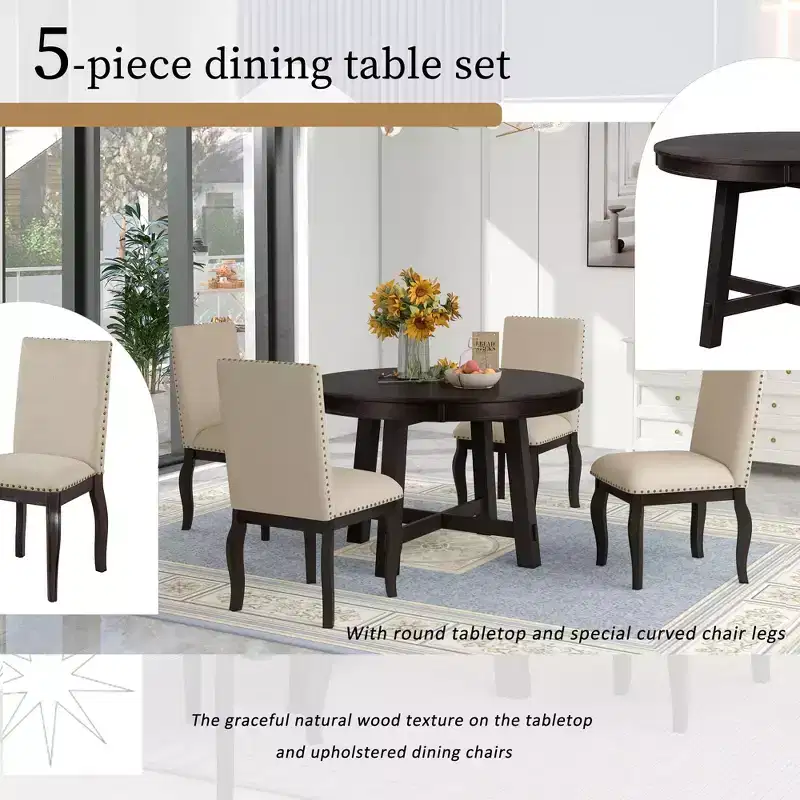 Whisen 5-Piece Farmhouse Dining Table Set with Extendable Dining Table and 4 Upholstered Dining Chairs
