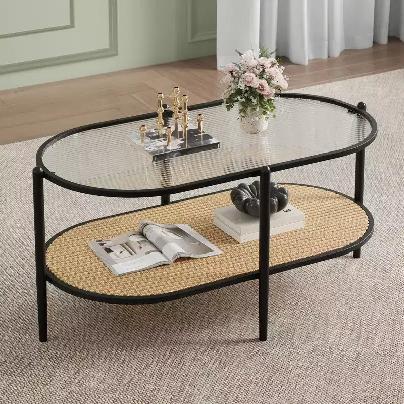 Oval Coffee Table with Water Wave Glass Top, Rattan Storage Shelf, 2-Tier Metal Frame, for Living Room