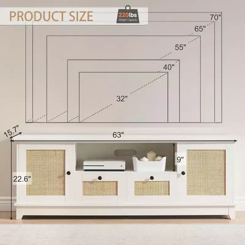 Rattan TV Stand for 70 Inch TV, TV Console with 2 Cabinets & Adjustable Shelf, Modern TV Stand with Storage, Media Console Cabinet