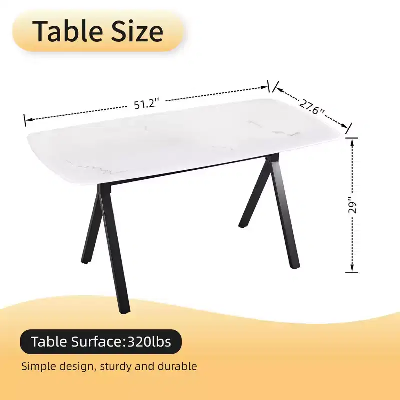 GDFStudio Daniela Modern Tempered Glass Rectangular Dining Table with Marble Design and Metal Legs