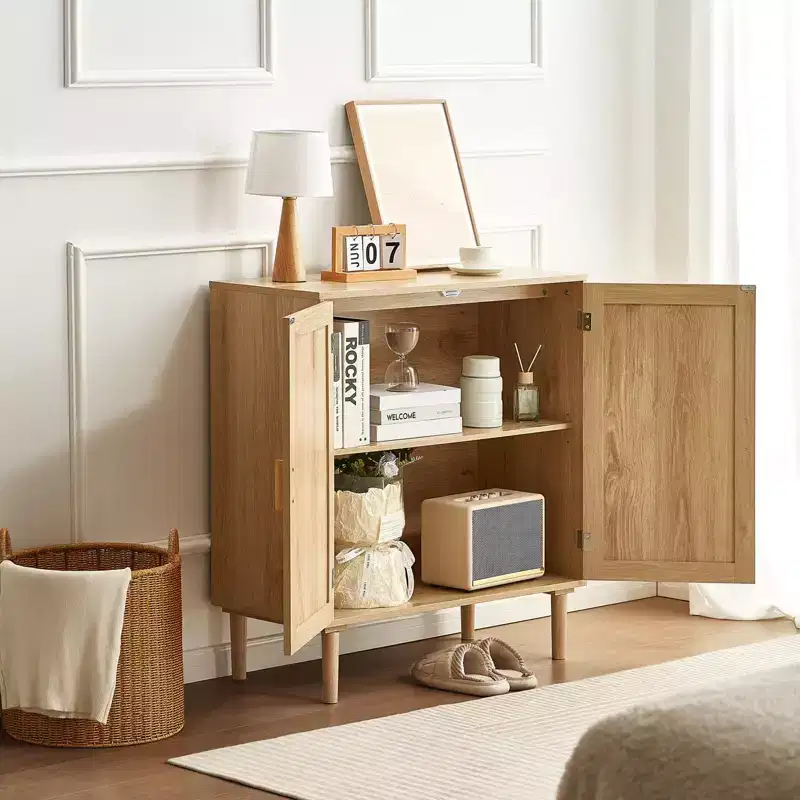 Rattan Cabinet, Rattan Storage Cabinet with 2 Magnetic Doors and Adjustable Shelves, Sideboard Buffet Cabinet for Hallway, Entryway