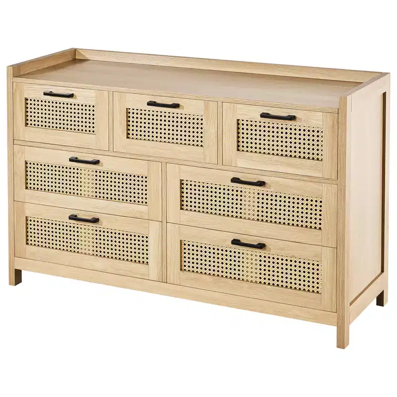 VEVOR 7 Drawer Rattan Dresser, Natural Rattan Wood Dressers with LED Light, Modern Wood Chest Clothing Organizer & Storage Boho Dresser, Wood Color