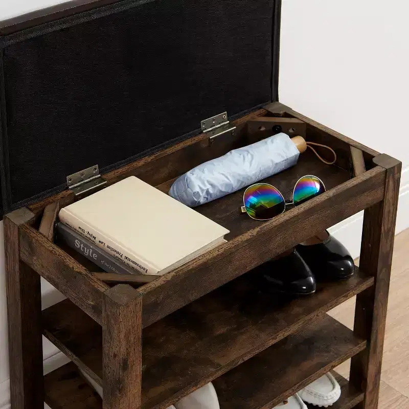 Debby Wood Faux Leather Upholstered Shoe Rack Bench