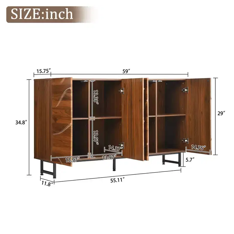 59 Modern Solid Wood Sideboard with Wave Relief & Iron Legs
