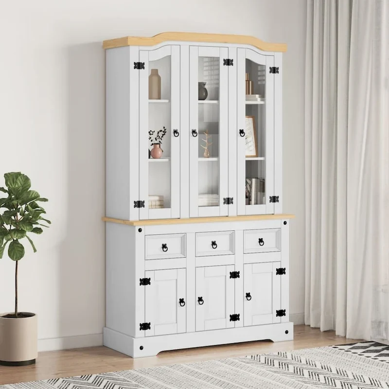 Highboard, 44.1x17x77.2 Inches, White and Natural Finish Top