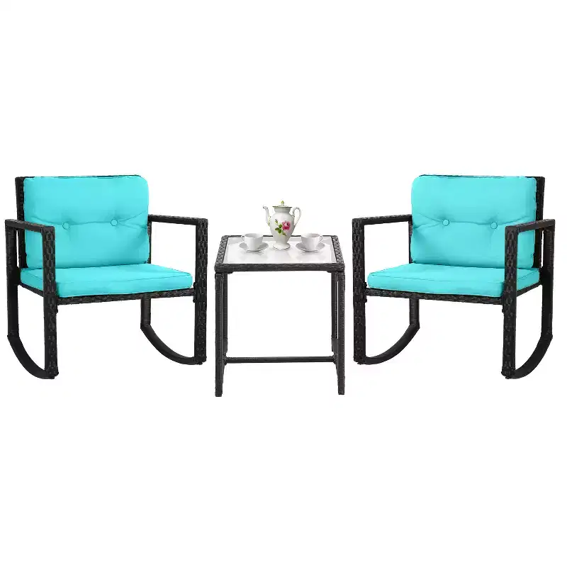 FDW 3 Piece Patio Furniture Set Outdoor Rocking Chairs Bistro Sets All-Weather Rattan Chair with Cushions&Glass-Top Coffee Table