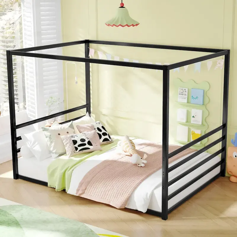 Iron House Bed Frame with Side Guardrails – Full / Queen / Twin