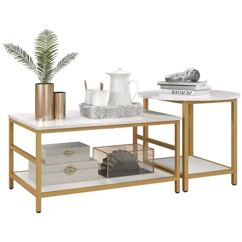HOMCOM Coffee Tables Set of 2, Rectangle and Round Coffee Table with Storage Shelves, Faux Marble Top and Steel Frame, White