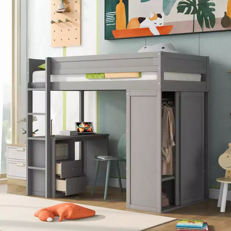 Loft Bed with Wardrobes and 2-Drawer Desk with Cabinet