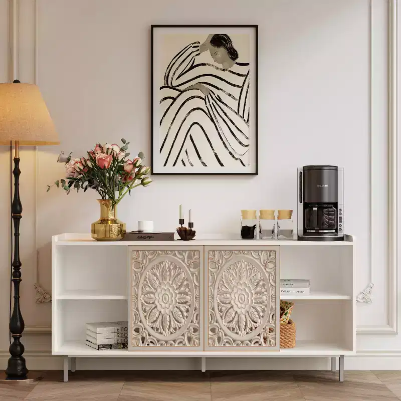 Sideboard Buffet Cabinet, 2 Doors Retro Accent Storage Cabinet Farmhouse Hollow-Carved Buffet Sideboard with Push-Pull Sliding Door