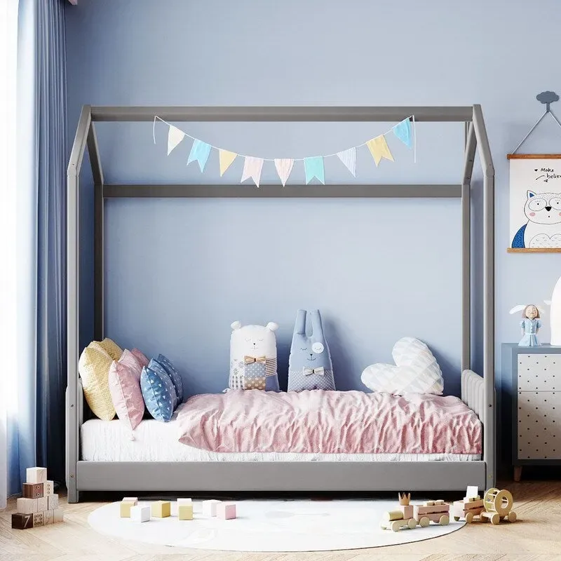 Twin Size Velvet House Bed Wood Floor Bed