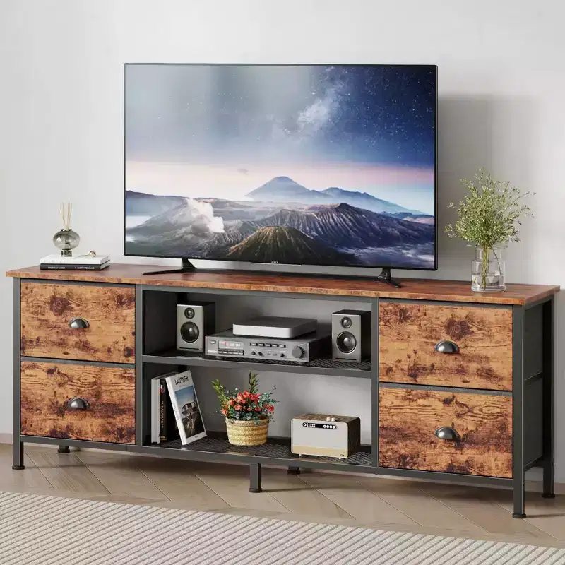 63 Inch Brown TV Stand Dresser for TVs up to 70 Inch Media Console Entertainment Center 4 Drawers Open Shelves Bedroom Living Room Storage