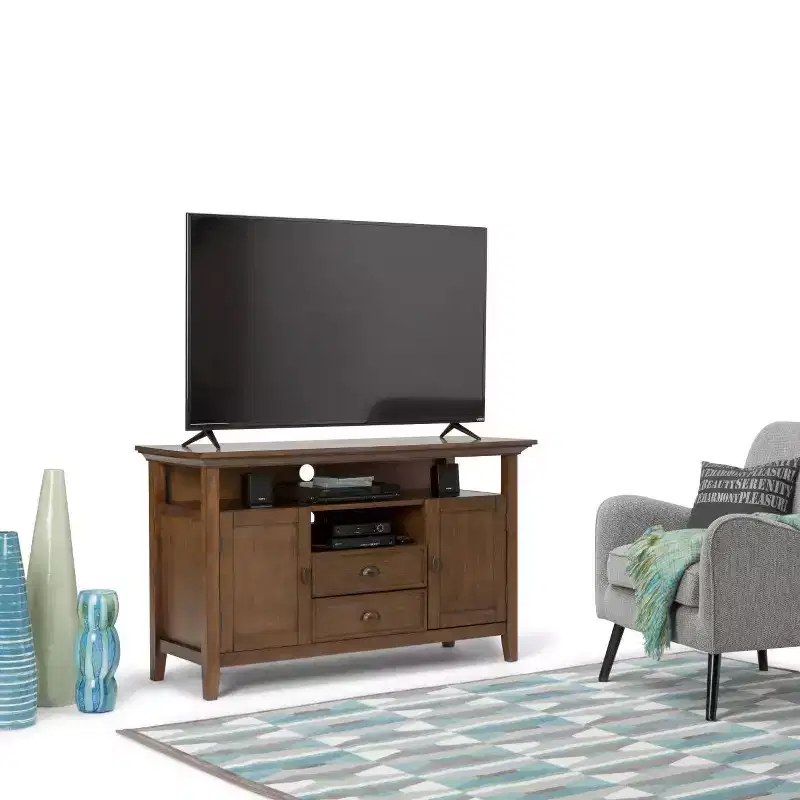 WyndenHall Mansfield Solid Wood TV Stand for TVs up to 60" Rustic Natural Aged Brown : Media Storage, Brass Hardware