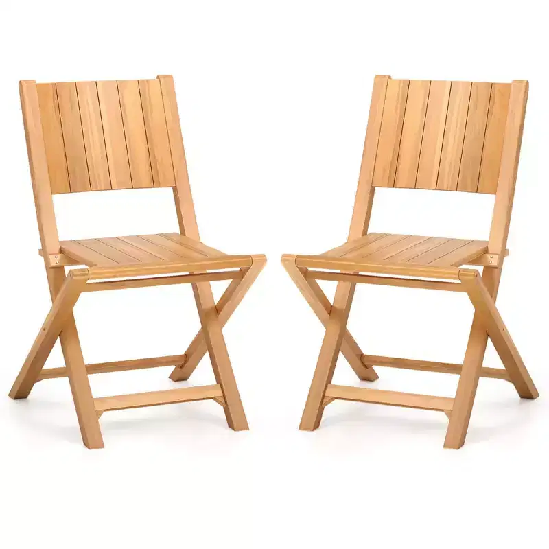 Costway 2/4 PCS Folding Patio Chairs with Inclined Backrest Teak Wood Outdoor Dining Chairs