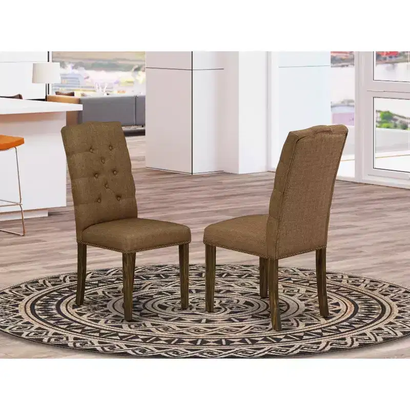 HomeStock Elsa Parson Chairs Button Tufted Nailhead Trim Brown Linen Linen Fabric Dining Chairs Set of 2 Jacobean