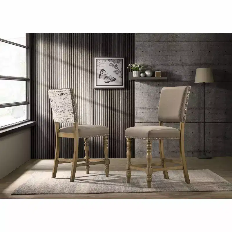 Roundhill Furniture Birmingham Script Printed Driftwood Finish Counter Height Dining Chair with Nail head, Set of 2