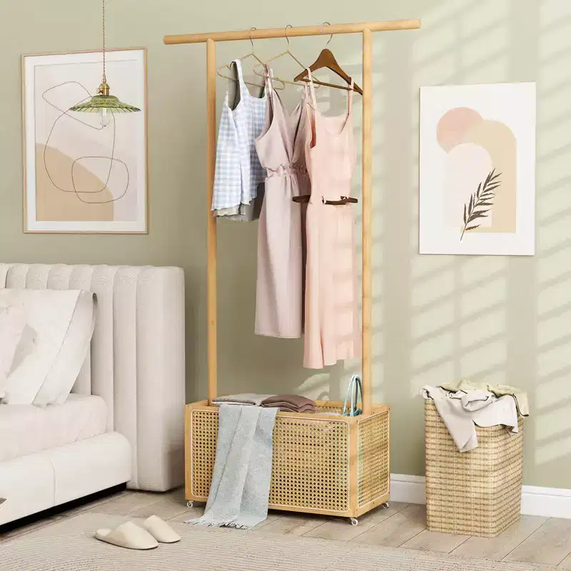 Bamboo Clothes Rack with Rattan Storage Basket & Wheels, Rolling Garment Rack, Brown/Beige